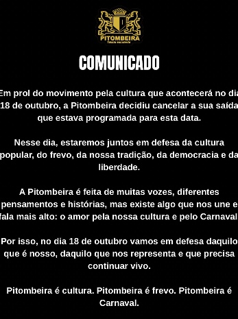 Publicação da Turma da Pitombeira: comunicado sobre o cancelamento da saída de 18 de outubro